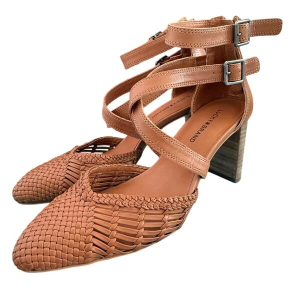 Lucky Brand Leather Mollwin 3"Heeled Pump Latte/Brown Pointed Buckle/Zipper-8 - Picture 1 of 7